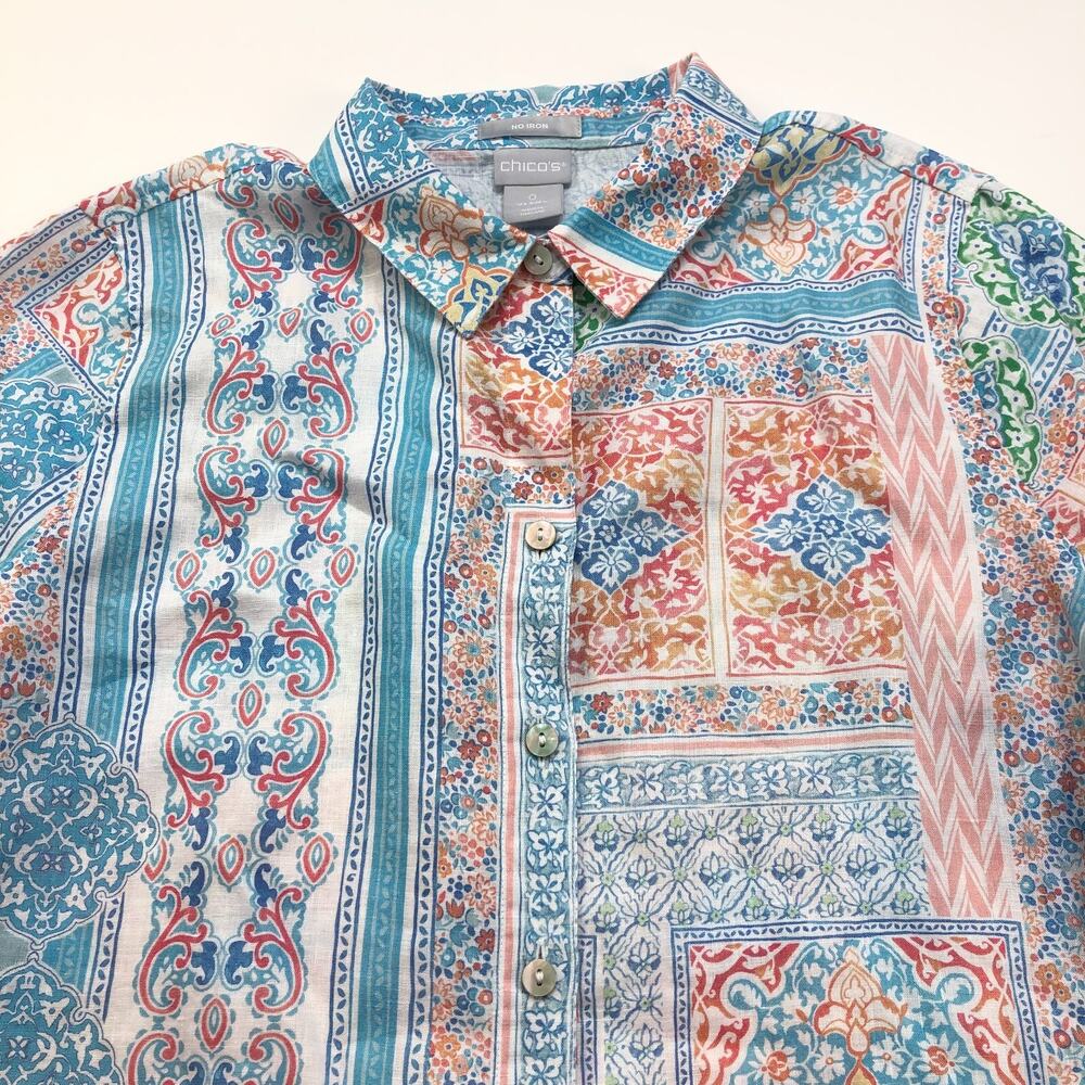Chico's Size 0 100% Linen No Iron Artsy BOHO Womens Button All Over Print Shirt